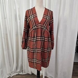 Cupshe Burnt Orange Plaid Fall Cotton Dress M Plaid V Neck Long Sleeve Mini
